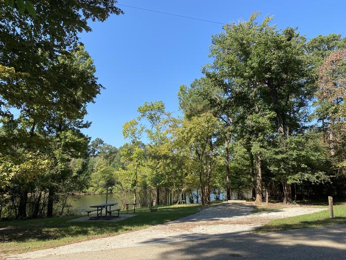 A photo of Site 16 of Loop LOOB at HANKS CREEK with Picnic Table, Electricity Hookup, Fire Pit, Shade, Waterfront, Lantern Pole, Water Hookup