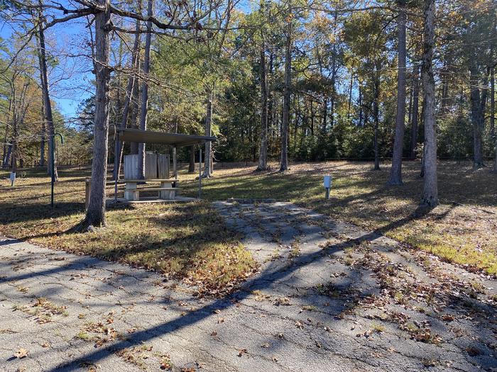 A photo of Site 13 of Loop LOOA at SAN AUGUSTINE with Picnic Table, Electricity Hookup, Fire Pit, Shade, Lantern Pole, Water Hookup, Lean To / Shelter