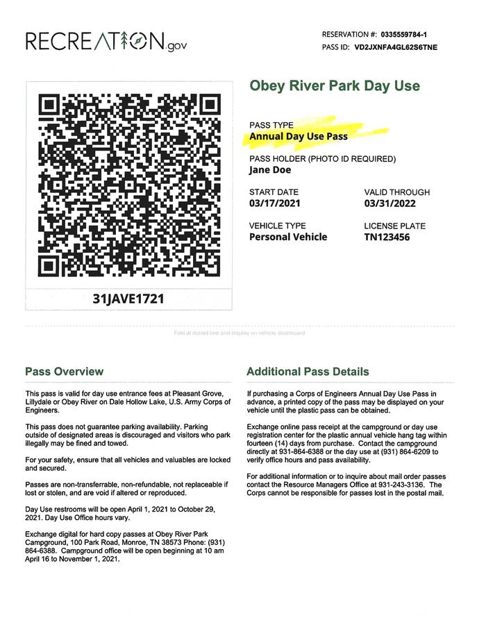 EXAMPLE DAY USE ACTIVITY PASS ONLINE PURCHASE OBTAINABLE AT WWW.RECREATION.GOV