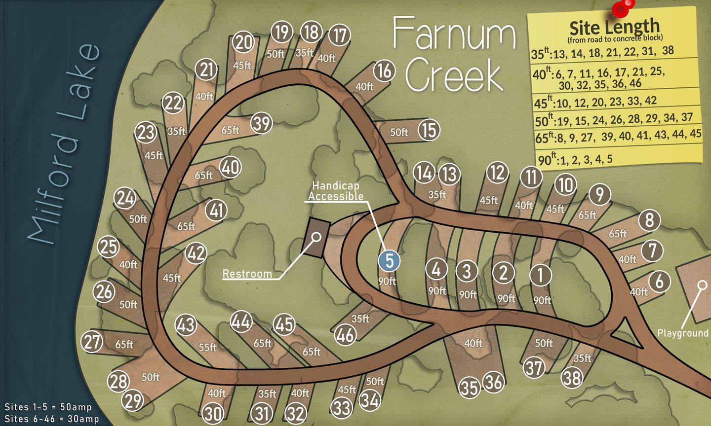 Farnum Creek Digital Campground MapDigital map showing the site location, site length, and approximate shade at Farnum Creek.