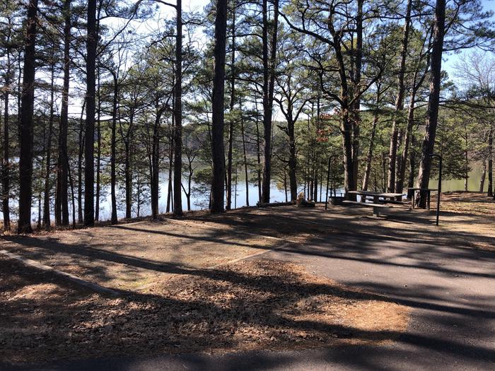 A photo of Site 055 of Loop NORTH SHORE at CEDAR LAKE (OKLAHOMA) with Boat Ramp, Picnic Table, Fire Pit, Shade, Waterfront, Lantern Pole