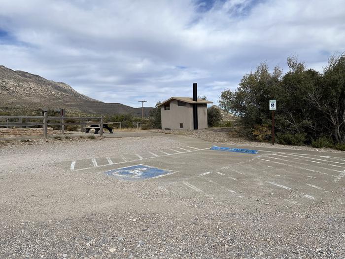The Frijole site has two level parking spaces, one is accessible.  A vault toilet is located next to the campsite and connected by paved walkways.Frijole Horse Corral Campground has two level parking spaces which allows for two RV's and is adjacent to two tent pads.  