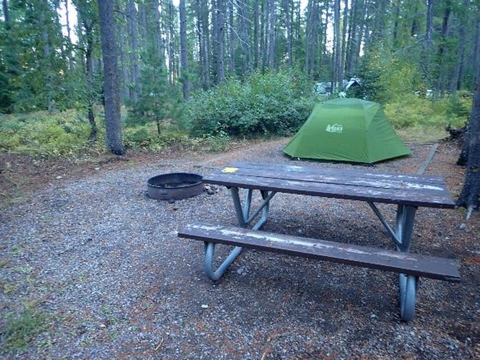 Picnic table, fire circle, and tent on tent pad at a campsite.