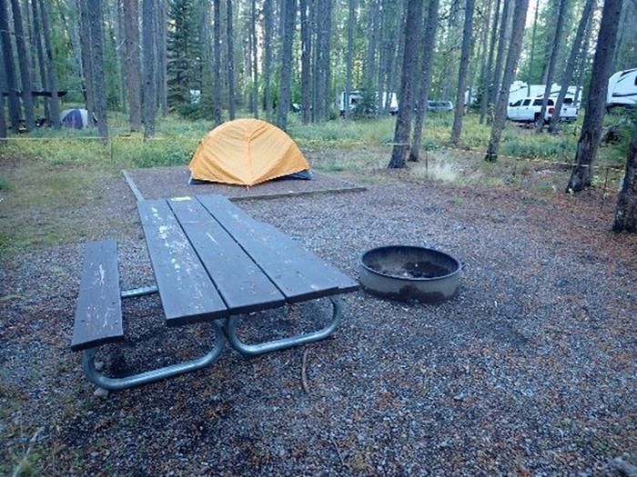 Picnic table, campfire circle, and yellow tent on tent pad in a wooded campsite.