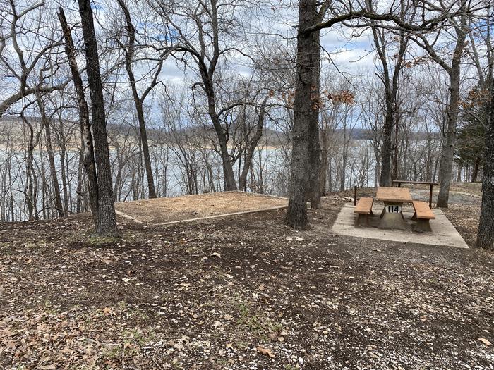 A photo of Site 114 of Loop 0512 at COOKSON BEND with Picnic Table, Fire Pit, Shade, Tent Pad