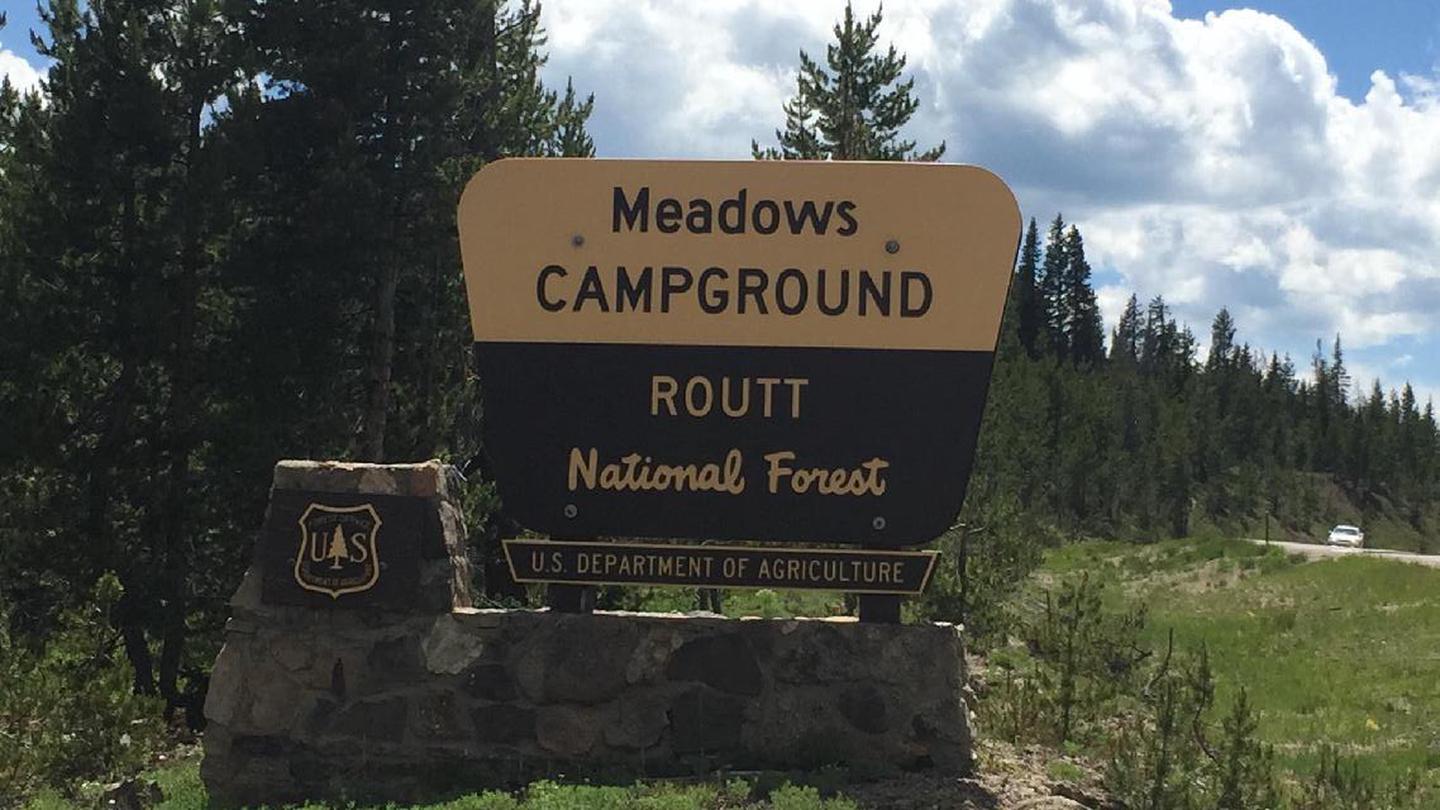 Meadows CG entrance sign with trees