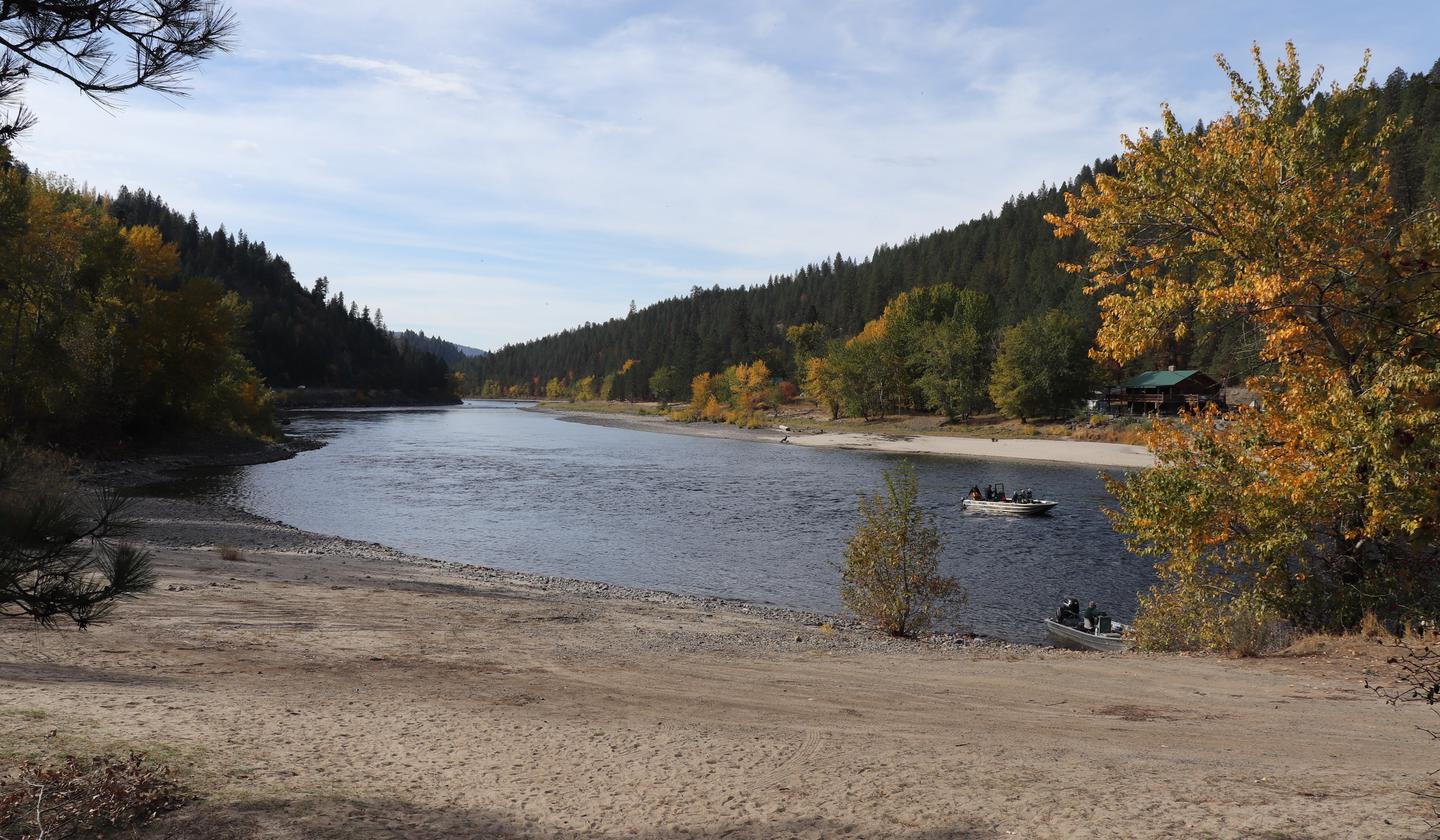 A view of the Clearwater River in the fall.Beautiful view of the Clearwater River from the beach at Pink House Recreation Site.