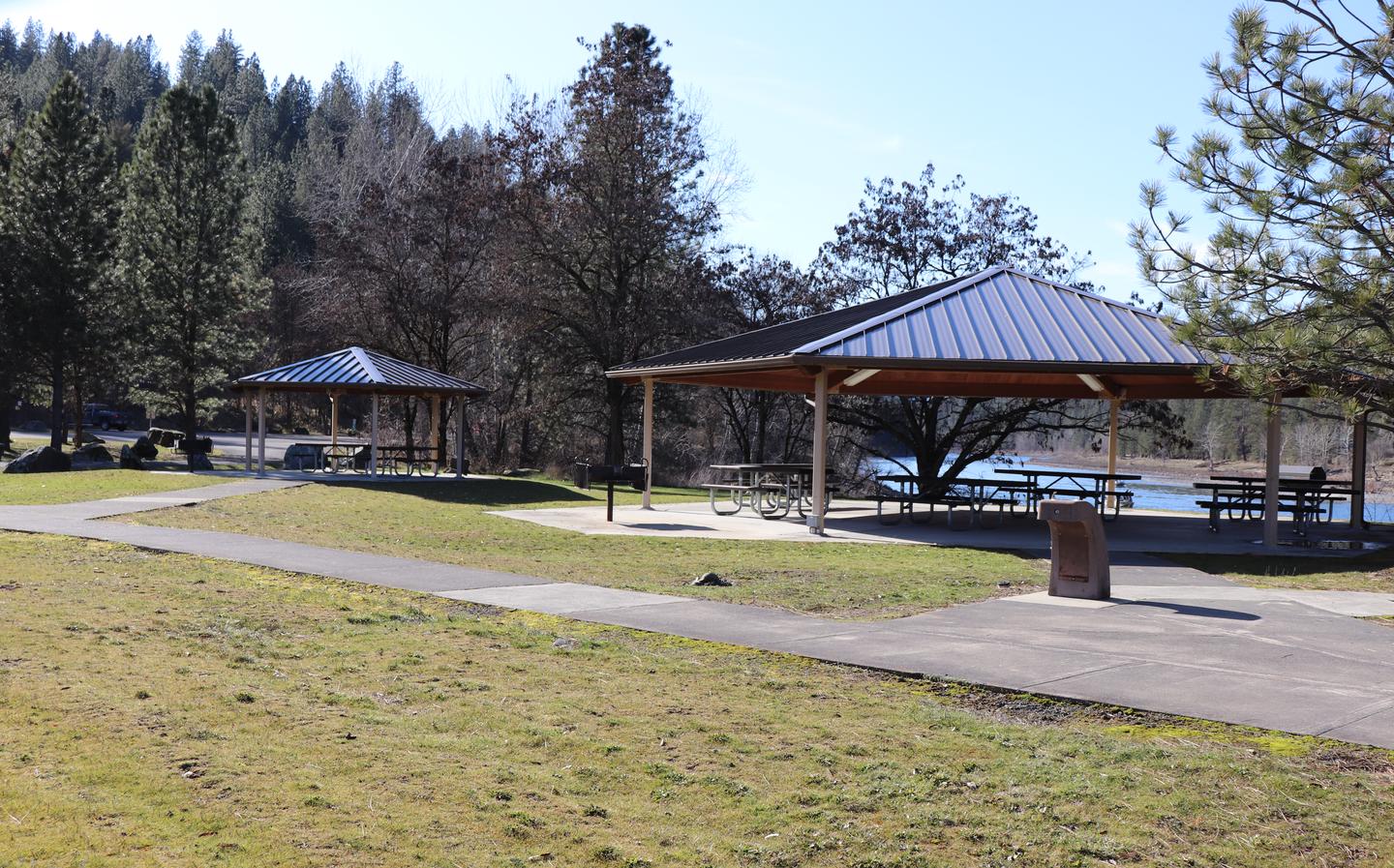 Two day use pavilions available at Pink House Recreation Sites.There are two group pavilions available for day-use only. The pavilions are reservable through Recreation.gov. Both pavilions include electricity, lighting, standing BBQ grills, and accessible picnic tables. 