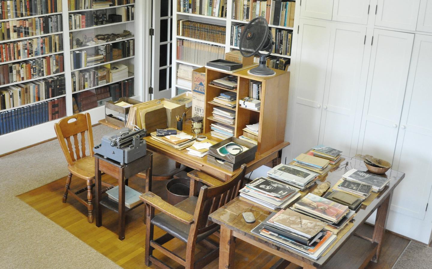 View of a room with desks and chairs and bookshelves lining the wallView of Sandburg's Correspondence Office