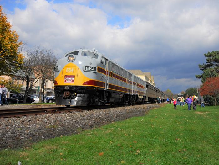 Diesel locomotives stationed on track with a small crowd of onlooking visitorsSteamtown's excursions to East Stroudsburg coincide with community events and are sure to provide a fun experience for all!