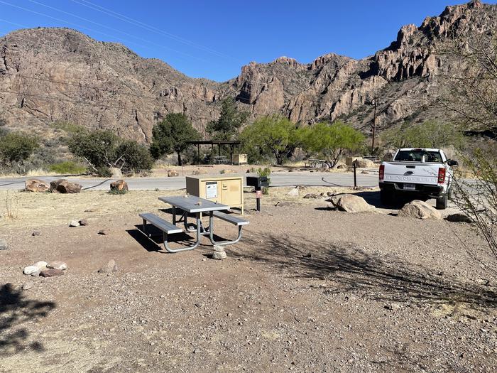 Chisos Basin Campsite #28 site viewView showing back-in parking, picnic table, bear box, and grill. No shade ramada.