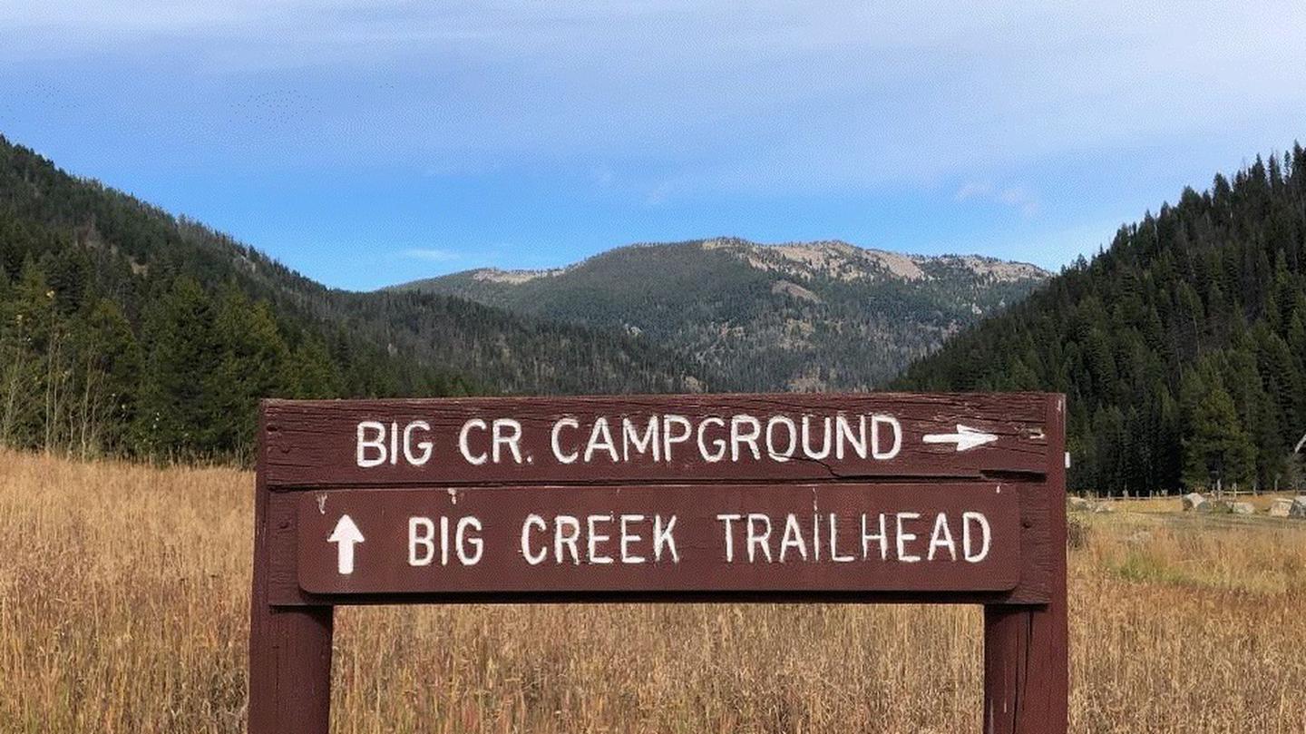 Big Creek Campground Sign with mountains in the backgroundBig Creek Campground sign and setting