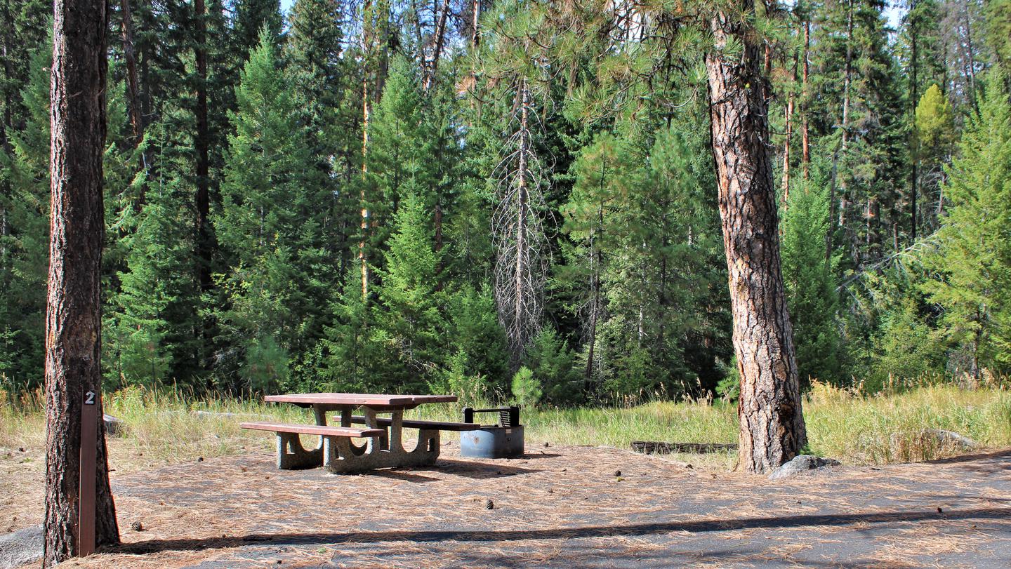 Paved drive way with adjacent picnic table and grill. Four Mile Campground Site #2.