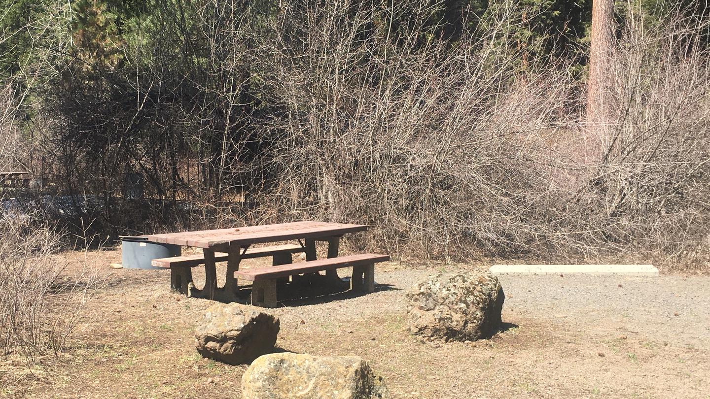 Picnic table with fire ring and boulder next to parking spot. Fall brush in background.Campsite in Big Flat Campground.