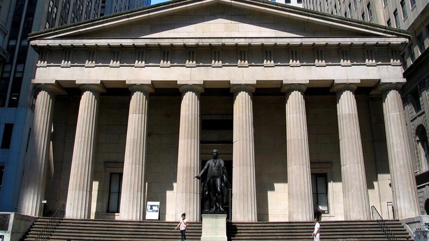 This is a colored photo of Federal Hall National Memorial.On this site, George Washington took the oath to become the first President of the United States on April 30, 1789.