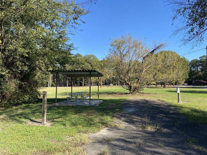 A photo of Site 106 of Loop D at MILL CREEK (TEXAS) with Picnic Table, Electricity Hookup, Fire Pit, Shade, Lantern Pole, Water Hookup