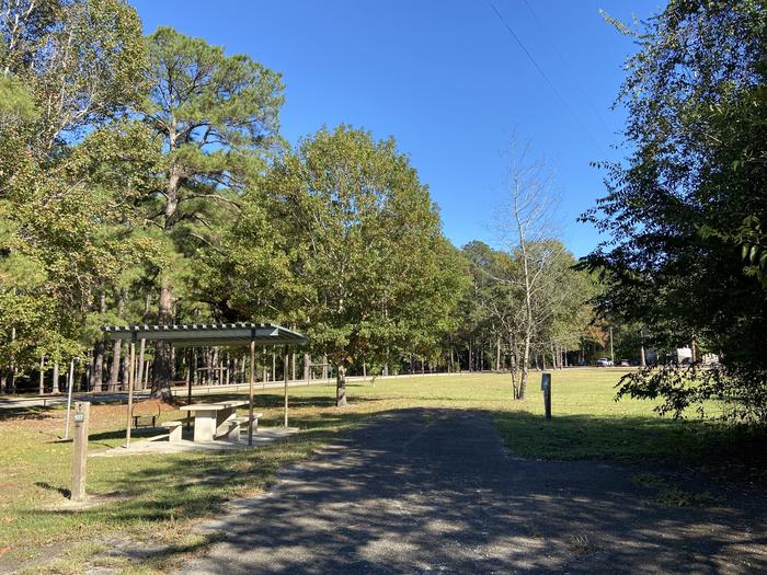 A photo of Site 107 of Loop D at MILL CREEK (TEXAS) with Picnic Table, Electricity Hookup, Fire Pit, Shade, Lantern Pole, Water Hookup