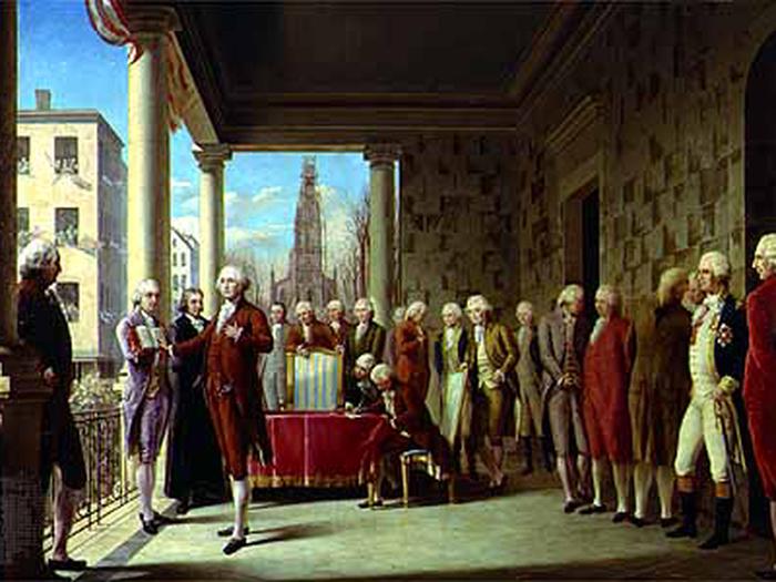 This is a colored portrait of George Washington's inaugurationThis portrait depicts the ceremony for George Washington's inauguration.