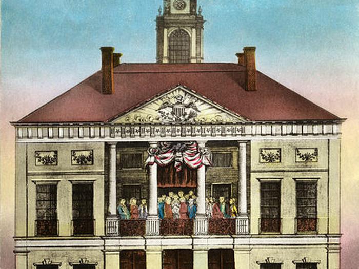 This is a colored picture of the original Federal Hall.George Washington and the First Congress met at the original Federal Hall from 1789 to 1790.