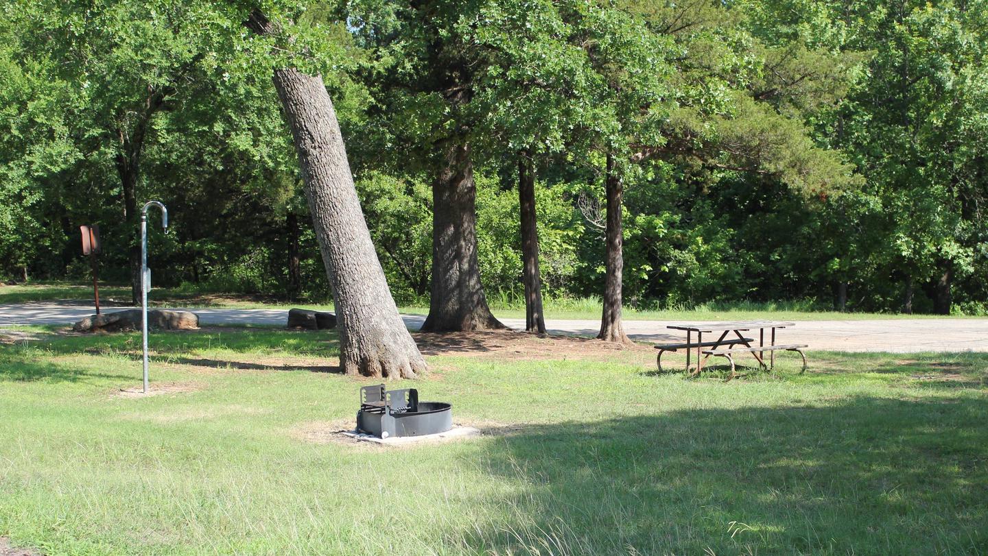Central Group Campground showing a metal firepit, picnic table, food hanger, grassy area, treesCentral Group Campground Site #3
