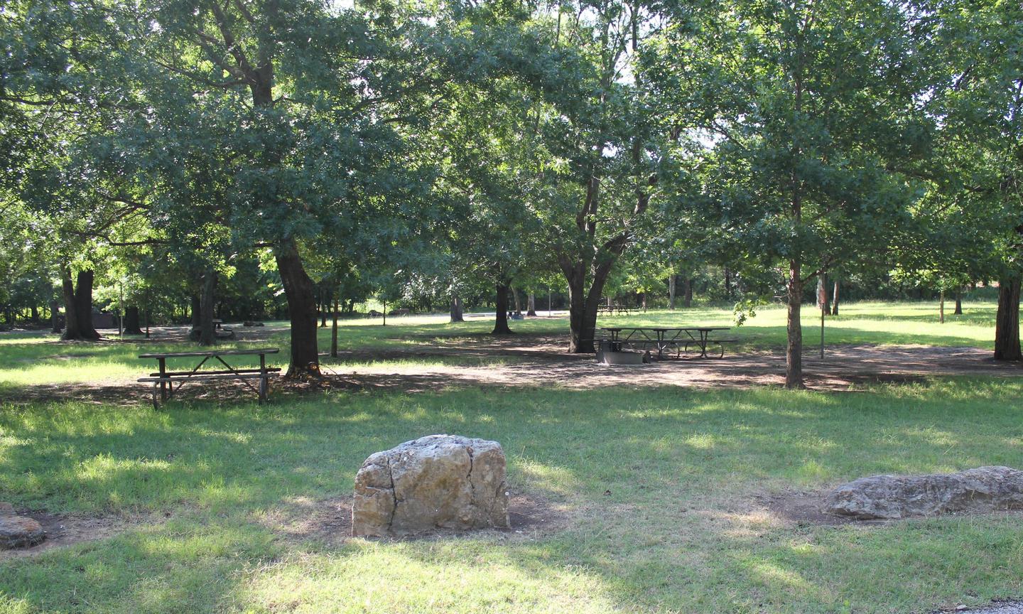 Central Group Campground showing picnic table, rocks, trees and grass.Central Group Campsite #9