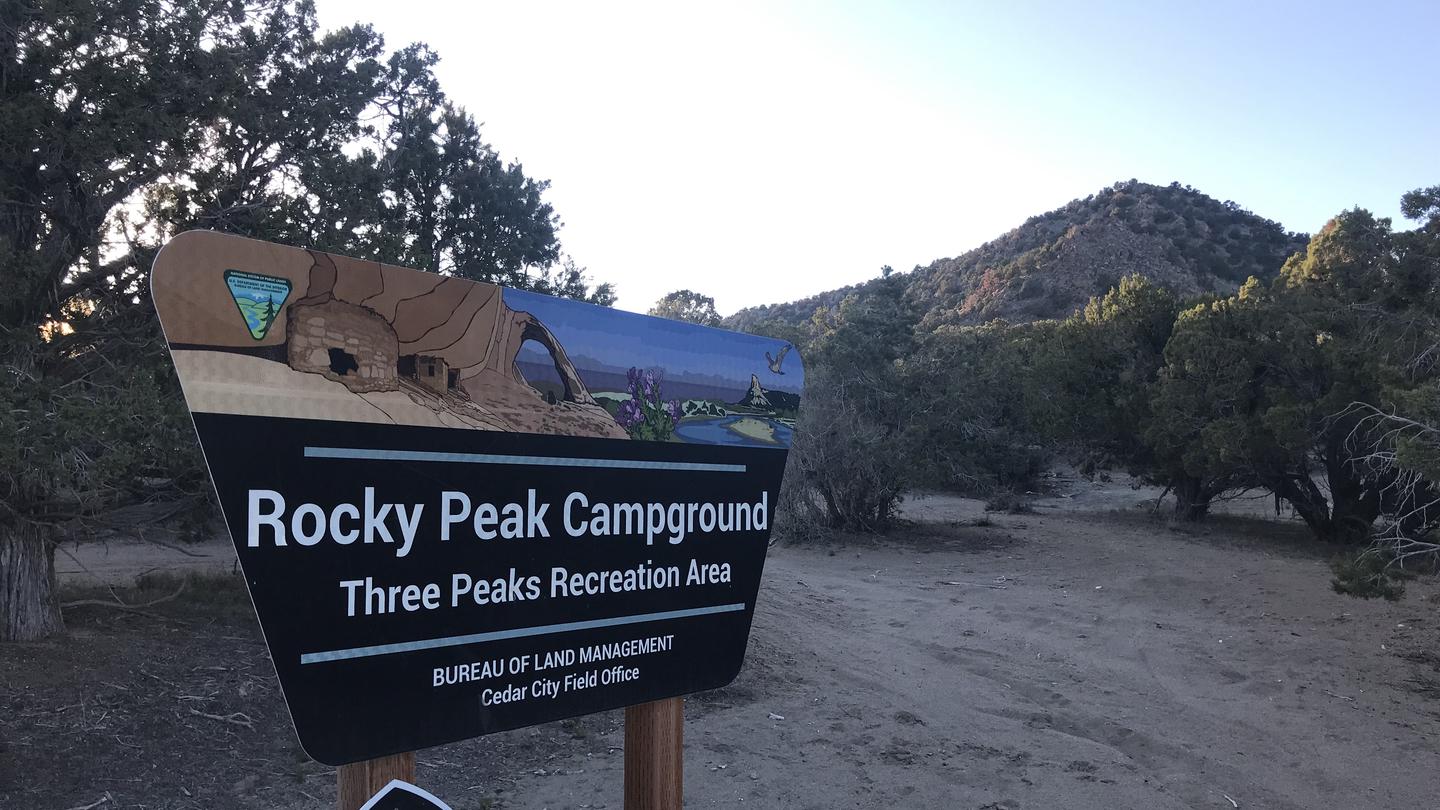 Rocky Peak Campground entrance with its namesake in the background