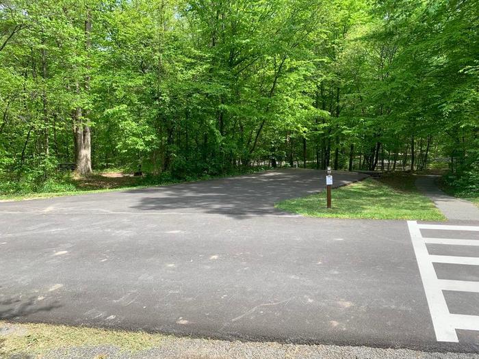 A blacktop surface with white lines surrounded with green trees.B-12 angle picture to help back in.