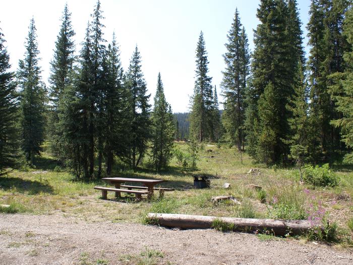 Meadows Campground site 20 table, fire pit and trees
