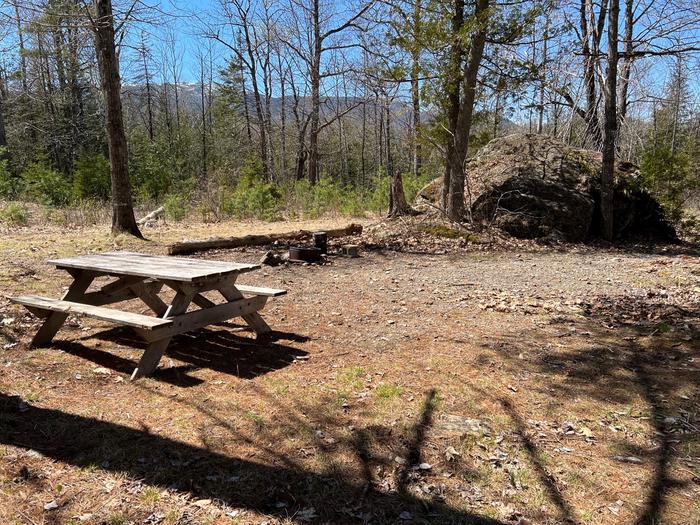 Haskell Deadwater Campsite firepit and picnic table.Located a short distance from the East Branch Penobscot River, the Haskell Deadwater campsite has a firepit and picnic table.