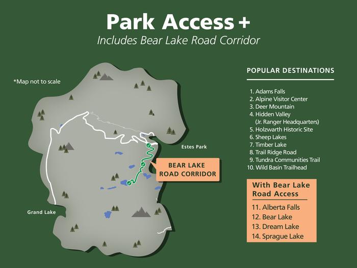 Graphic for Option 1: Park Access + Bear Lake Road Corridor with a map of Rocky Mountain National ParkOption 1: Park Access + Bear Lake Road Corridor with map of the park