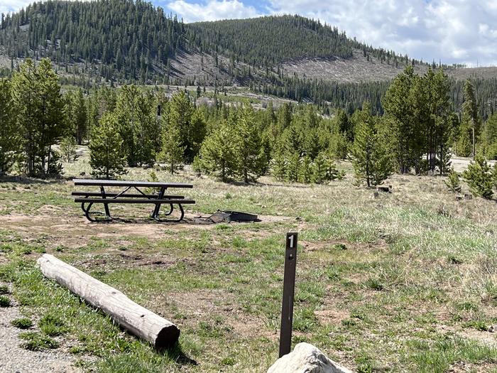A photo of Site 001 of Loop A at PROSPECTOR with Picnic Table, Fire Pit, Tent Pad, Water Hookup