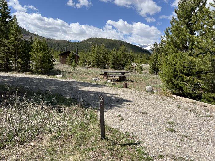A photo of Site 002 of Loop A at PROSPECTOR with Picnic Table, Fire Pit, Shade, Tent Pad