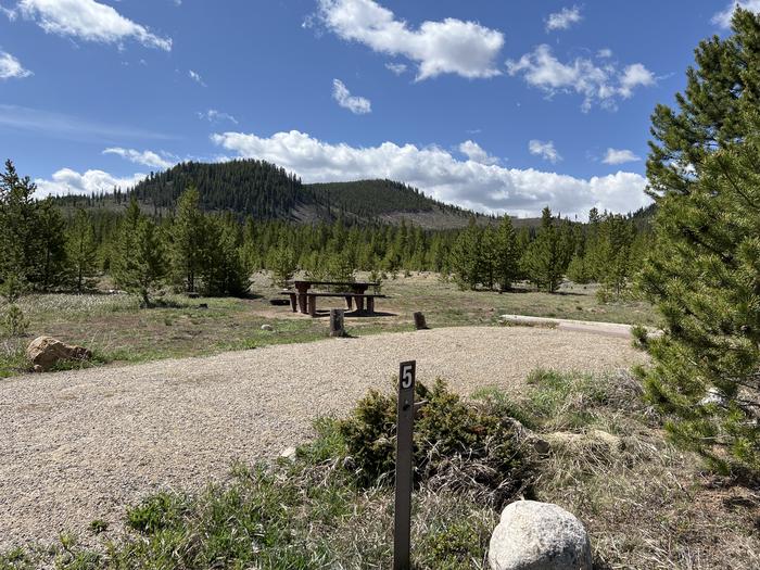 A photo of Site 005 of Loop A at PROSPECTOR with Picnic Table, Fire Pit, Tent Pad
