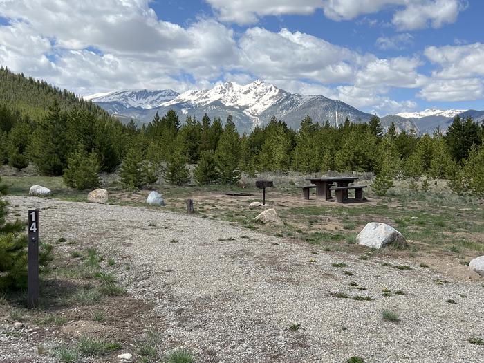 A photo of Site 014 of Loop B at PROSPECTOR with Picnic Table, Fire Pit, Tent Pad