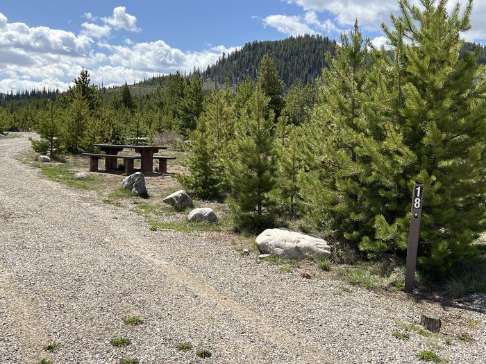 A photo of Site 018 of Loop B at PROSPECTOR with Picnic Table, Fire Pit, Tent Pad