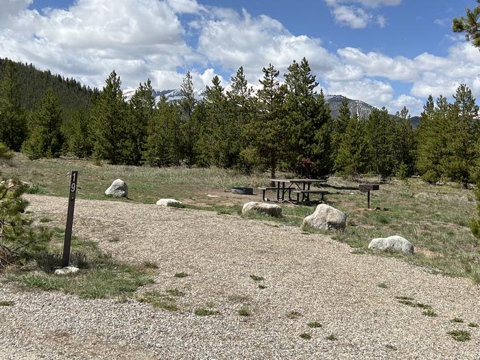 A photo of Site 019 of Loop B at PROSPECTOR with Picnic Table, Fire Pit, Tent Pad