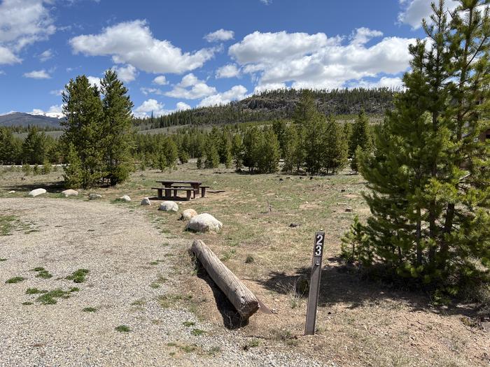 A photo of Site 023 of Loop B at PROSPECTOR with Picnic Table, Fire Pit, Tent Pad