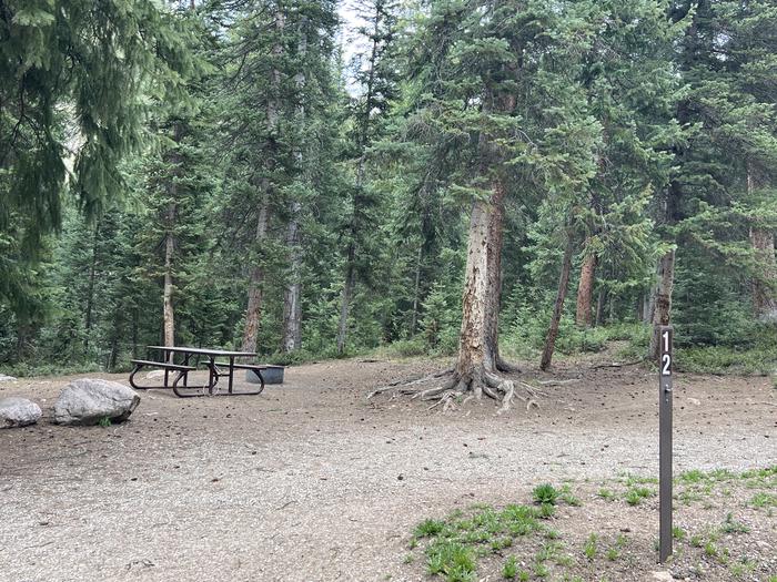 A photo of Site 12 of Loop GORE CREEK CAMPGROUND at GORE CREEK CAMPGROUND with Picnic Table, Fire Pit, Food Storage, Tent Pad, Waterfront