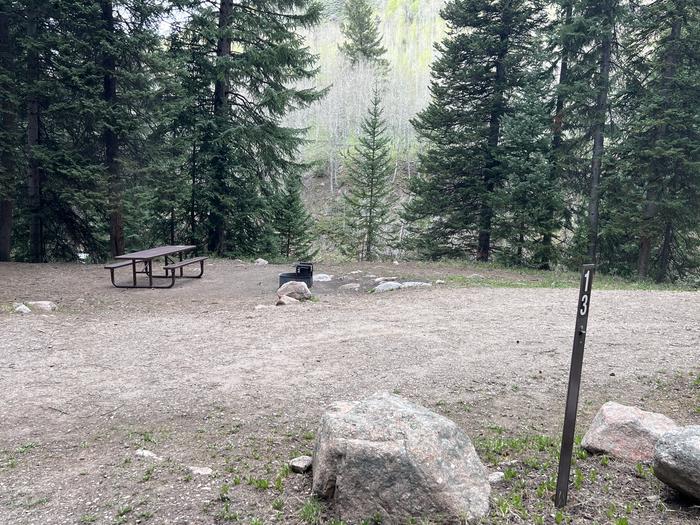 A photo of Site 13 of Loop GORE CREEK CAMPGROUND at GORE CREEK CAMPGROUND with Picnic Table, Fire Pit, Food Storage, Tent Pad, Waterfront