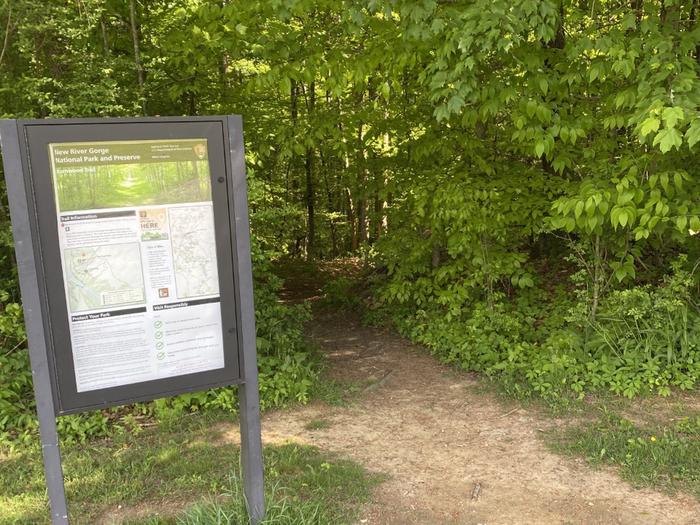 Color photo of a packed dirt trail leading into a green forest with a trail information sign on the left of the trailTrailhead for the Burnwood Loop Trail