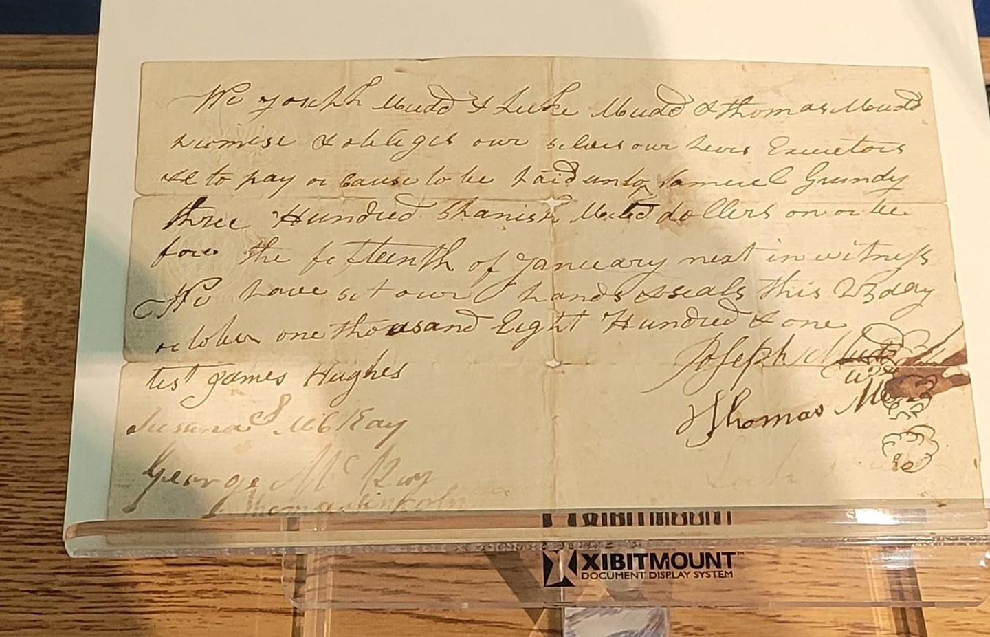 1801 Promissory Note1801 promissory note signed by Joseph, Thomas Lincoln, and Luke Mudd in favor of Samuel Grundy for 300 Spanish milled dollars. Luke Mudd  cousin to Dr. Samuel Mudd, one of the Lincoln Assassination conspirators.