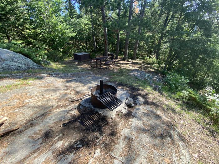 R21 - Nuthatch, view of campsite with a fire ring in the foreground and bear boxes, picnic table, and tent pad in background.View of campsite