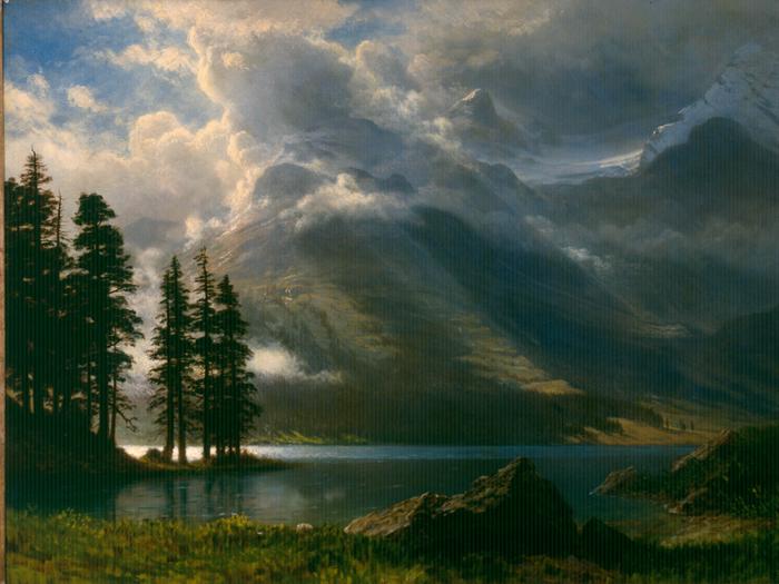 Painting of lake and pine trees with dynamic clouds in sky 
