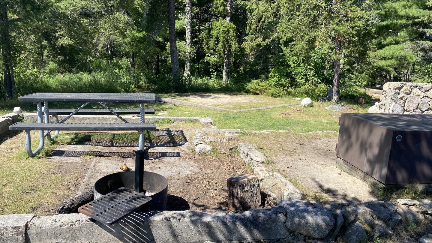 R47 - Whites Point, view looking into campsite on old cabin foundation with the fire ring, bear box, and picnic table in the foreground with a tent pad in the background.View of campsite