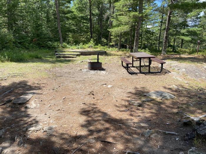 R62 - Krantz Point, view looking into campsite of the fire ring and picnic table with a tent pad in the background.View looking into campsite
