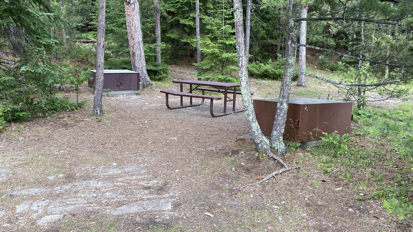 R64 - Mio Beach, view looking into campsite of the picnic table and bear boxes.View of campsite