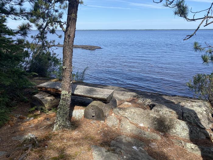R106 - Shelland Island, wooden bench with overlook of water.Bench overlook