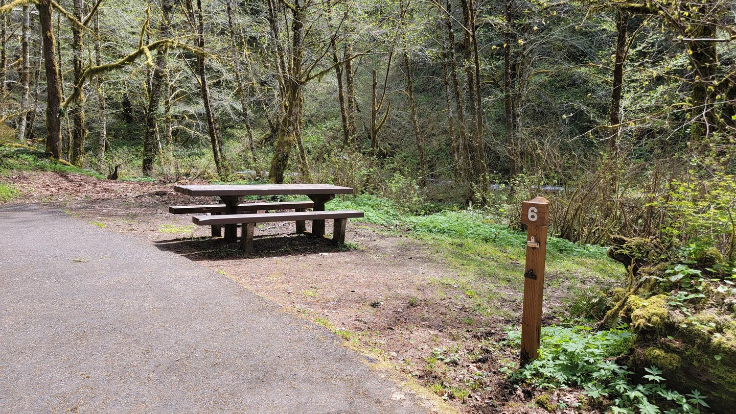 sign post and picnic table of campsite 6 in Fan CreekView of campsite 6 from sign post in Fan Creek