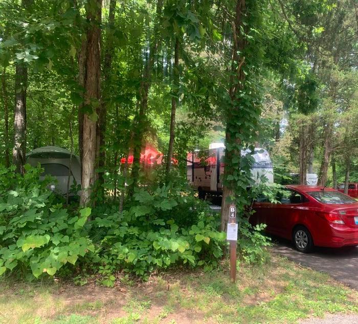 A red car on the blacktop surface surrounded with green trees.B-4 has room for a camper, vehicle, and tent. 
