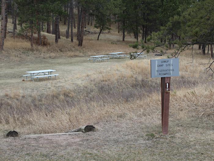 Multiple picnic tables, fire ring and group campsiteGroup Site 1